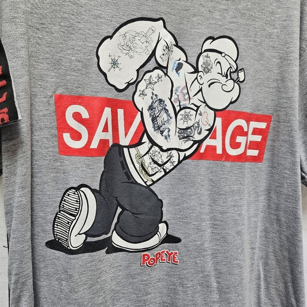 Fresh Laundry Savage Tattoo  Popeye Gray Red Short Sleeve Graphic Tee Size XL - Picture 2 of 5
